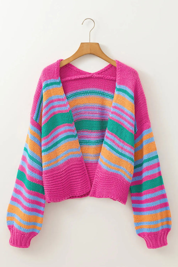 Rose Stripe Colourful Puff Sleeve Drop Shoulder Loose Cardigan - Sweaters & Cardigans/Cardigans