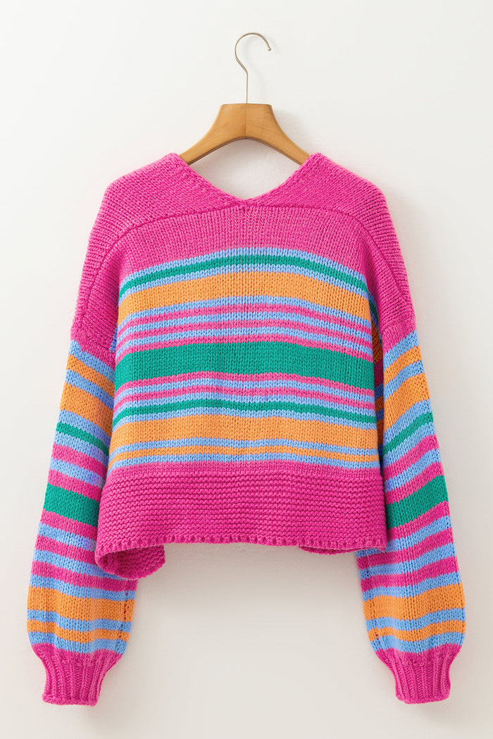 Rose Stripe Colourful Puff Sleeve Drop Shoulder Loose Cardigan - Sweaters & Cardigans/Cardigans