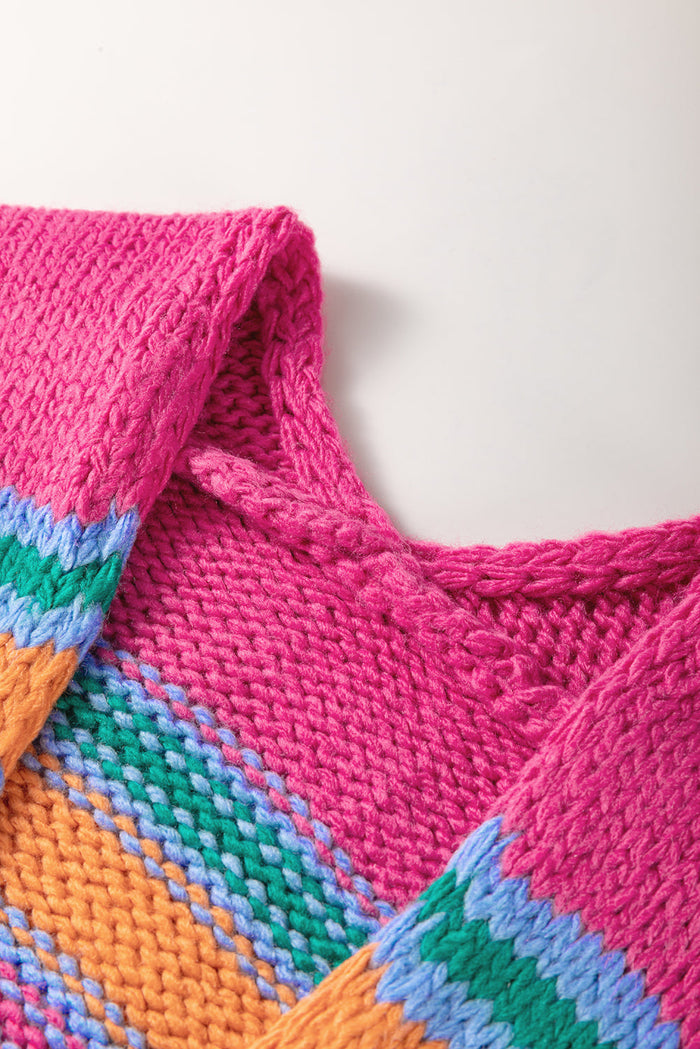 Rose Stripe Colourful Puff Sleeve Drop Shoulder Loose Cardigan - Sweaters & Cardigans/Cardigans