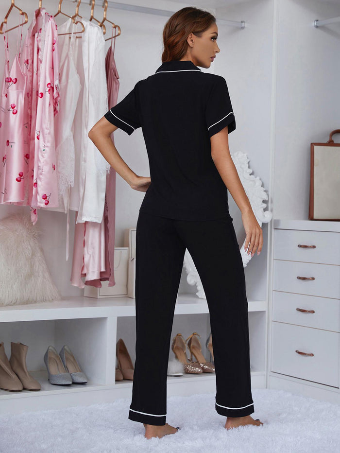Contrast Piping Lapel Collar Short Sleeve Top and Pants Pajama Set - Madikfashions.com