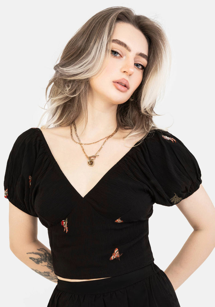 Copia Moth Embroidered Cotton Puff Sleeve Top