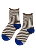 Crew socks with brown-and-cream zigzag stripes, blue toe, heel, and cuff