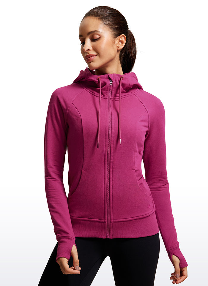 CRZ YOGA Women's Slim Fit Outerwear Cotton Terry Full Zip Hoodies Magenta Purple