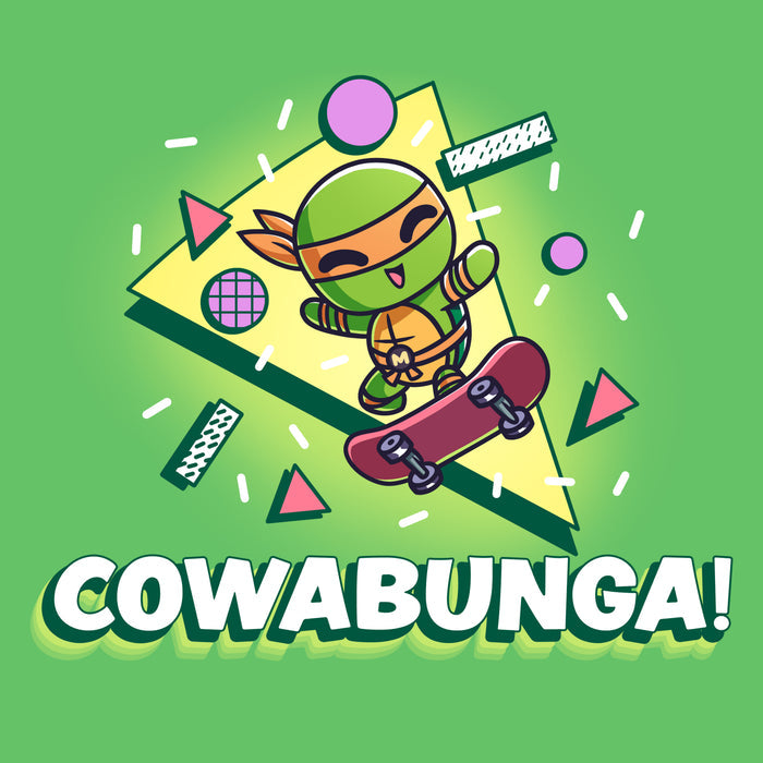 Premium Cotton T-shirt_TeeTurtle apple green Cowabunga! apparel featuring Michelangelo from Teenage Mutant Ninja Turtles on a skateboard with retro 90’s graphics in the background.