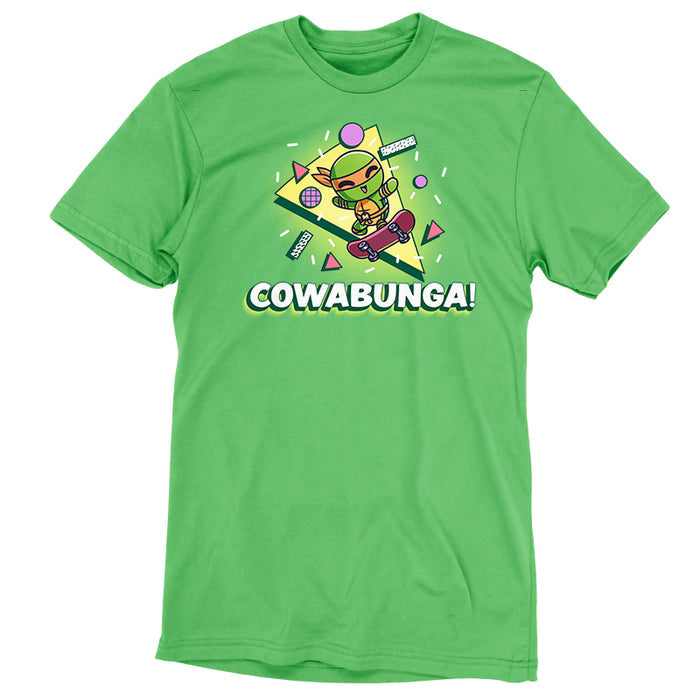 Premium Cotton T-shirt_TeeTurtle apple green Cowabunga! apparel featuring Michelangelo from Teenage Mutant Ninja Turtles on a skateboard with retro 90’s graphics in the background.