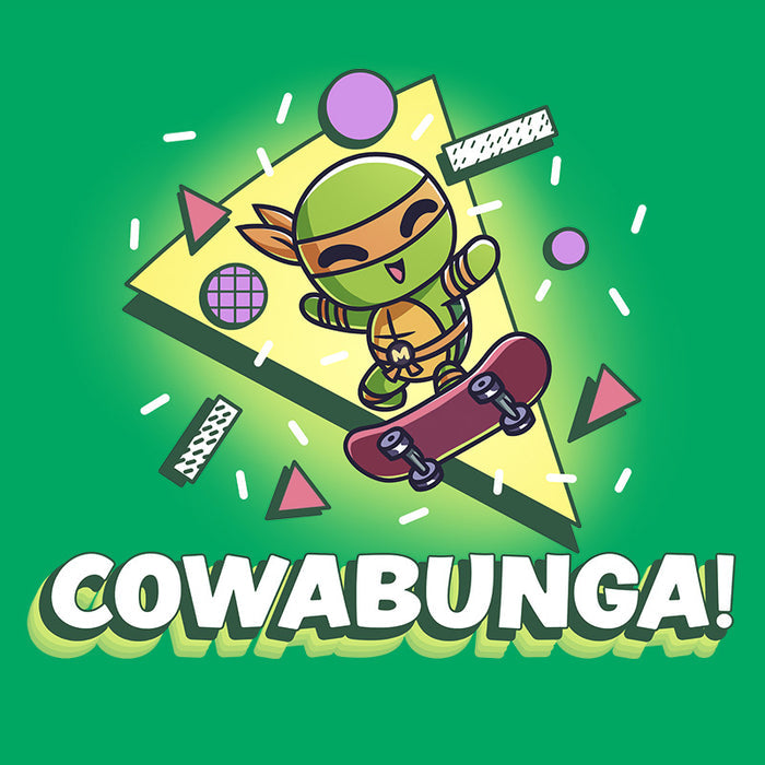 Classic Cotton T-shirt_TeeTurtle Irish green Cowabunga! apparel featuring Michelangelo from Teenage Mutant Ninja Turtles on a skateboard with retro 90’s graphics in the background.