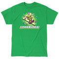Classic Cotton T-shirt_TeeTurtle Irish green Cowabunga! apparel featuring Michelangelo from Teenage Mutant Ninja Turtles on a skateboard with retro 90’s graphics in the background.