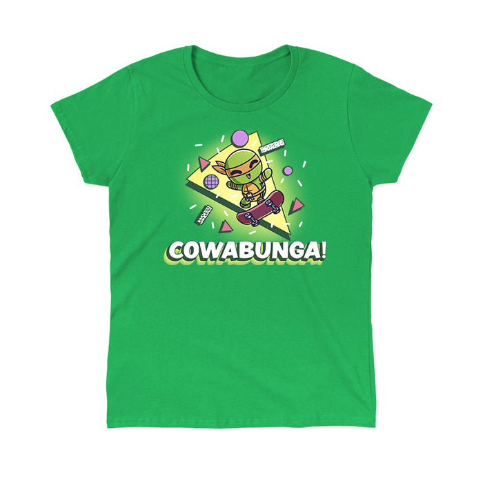 Classic Cotton T-shirt_TeeTurtle Irish green Cowabunga! apparel featuring Michelangelo from Teenage Mutant Ninja Turtles on a skateboard with retro 90’s graphics in the background.
