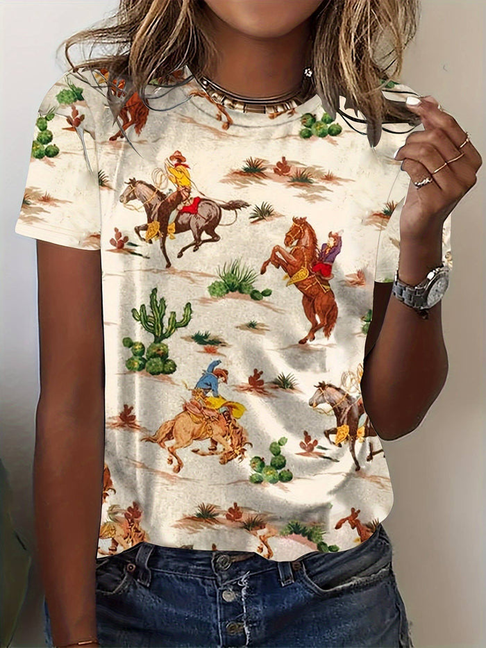 Cowboy Rodeo Western Graphic T-Shirt: Beige / M Rosa Clothing