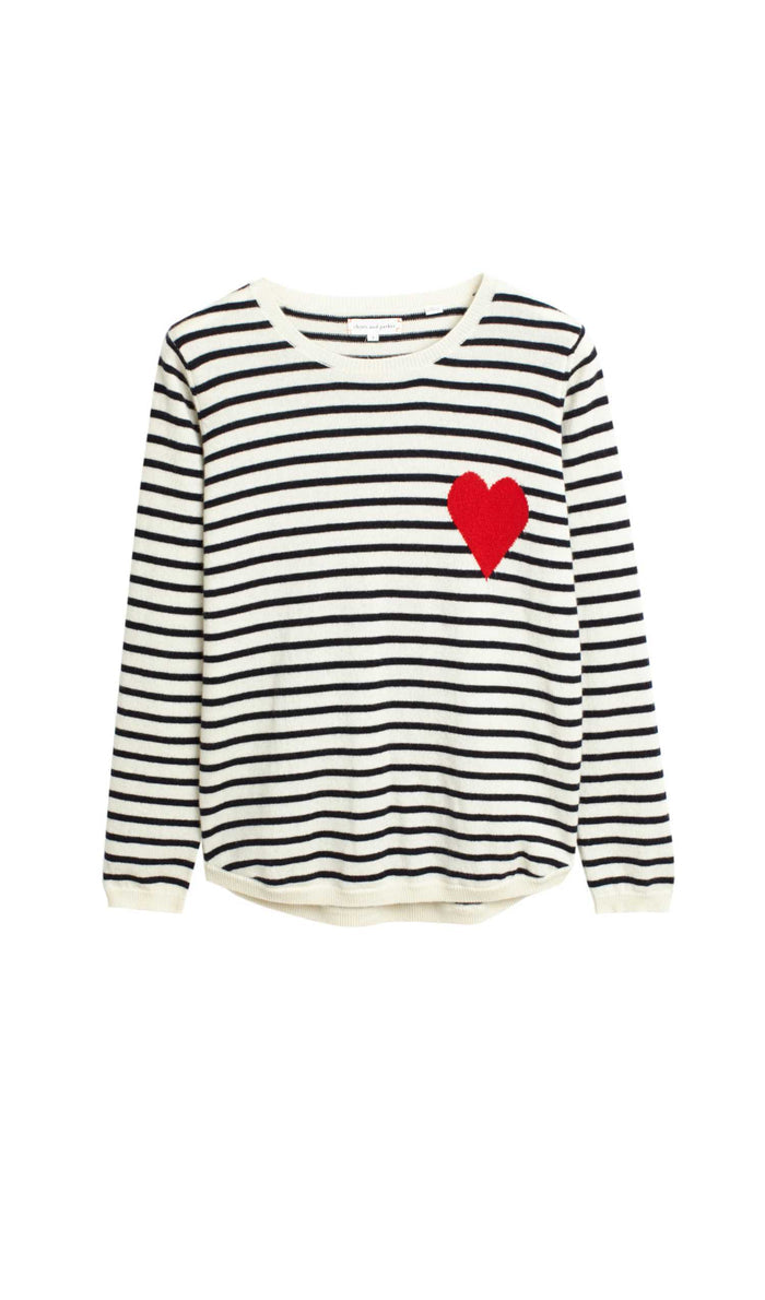 Cream-Navy Breton Heart Wool-Cashmere Sweater