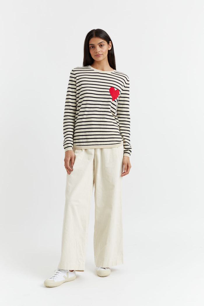 Cream-Navy Breton Heart Wool-Cashmere Sweater