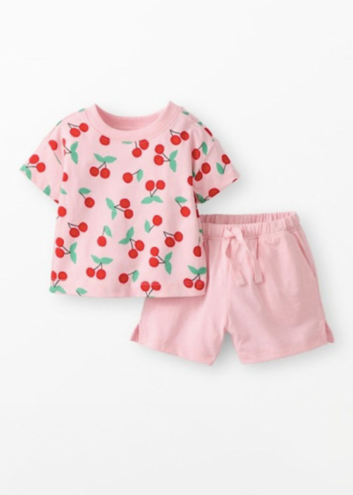 Crewneck Tee & Short Set - Pink Cherries