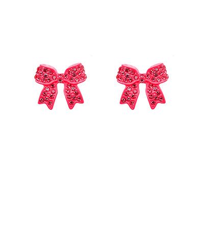 Crystal bow stud earrings in red, light pink, and hot pink displayed on a white background from The Pink Doxie Boutique.
