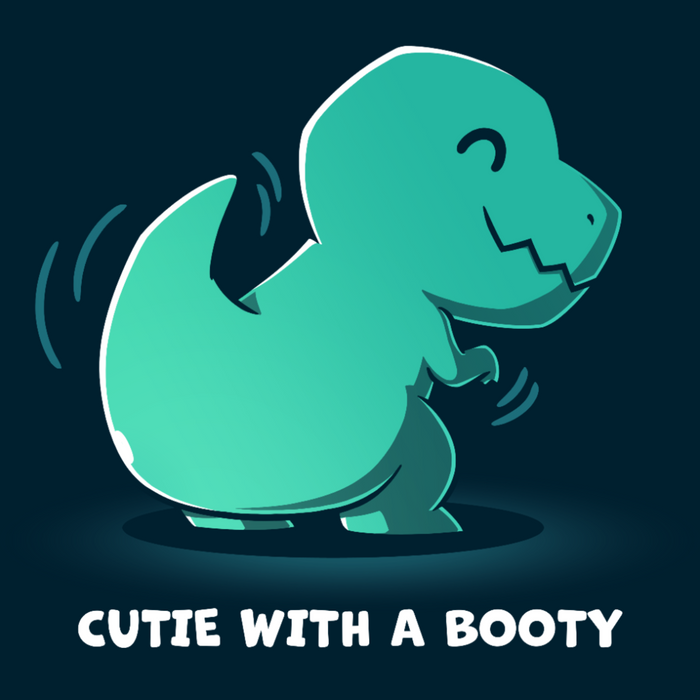 Premium Cotton T-shirt_TeeTurtle navy Cutie With a Booty Premium Cotton T-shirt featuring a happy green t-rex dinosaur wiggling its booty along with the text "Cutie With a Booty"