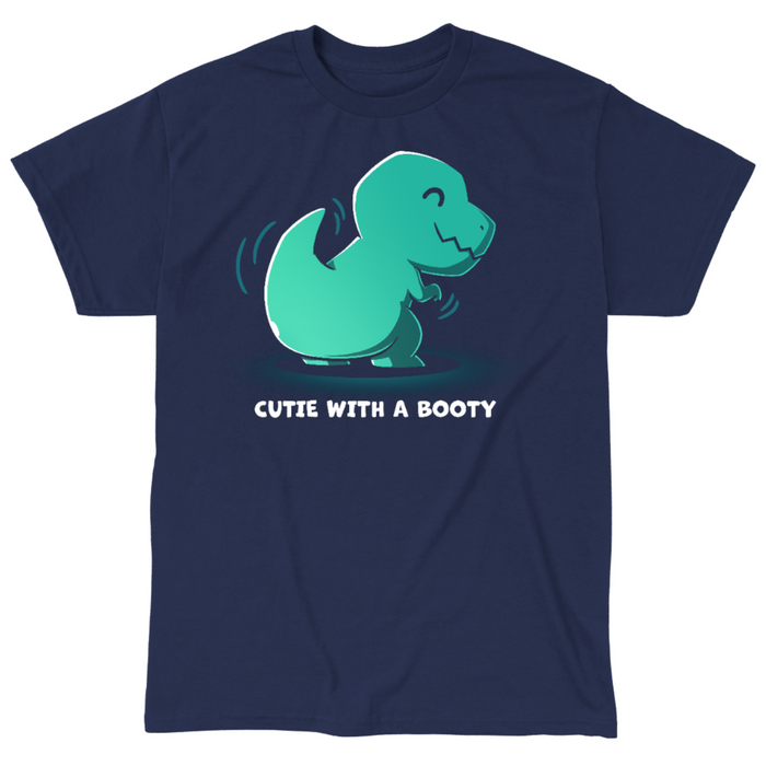 Classic Cotton T-shirt_TeeTurtle navy Cutie With a Booty Classic Cotton T-shirt featuring a happy green t-rex dinosaur wiggling its booty along with the text "Cutie With a Booty"