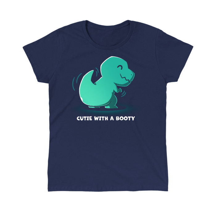 Classic Cotton T-shirt_TeeTurtle navy Cutie With a Booty Classic Cotton T-shirt featuring a happy green t-rex dinosaur wiggling its booty along with the text "Cutie With a Booty"