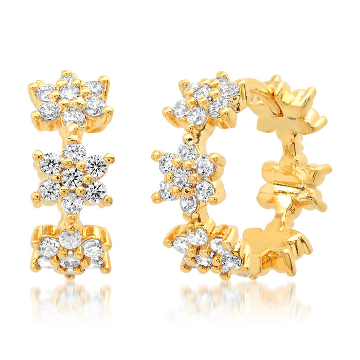 Gold-tone CZ huggie hoop earrings with clustered round clear stones in floral pattern