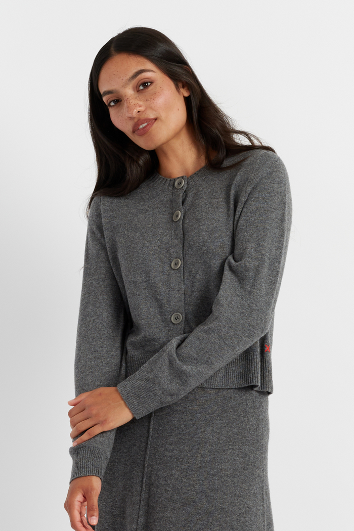 Dark-Grey Wool-Cashmere Crew Neck Cardigan