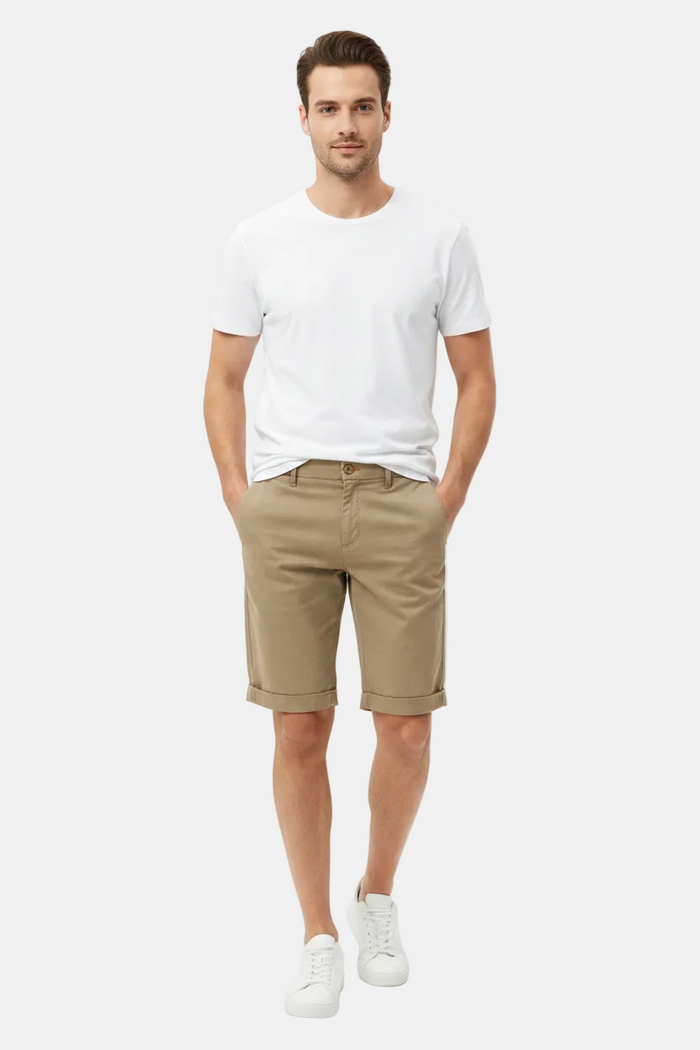 Wam Denim Kelden Dark Beige Chino Shorts – model front view with size label