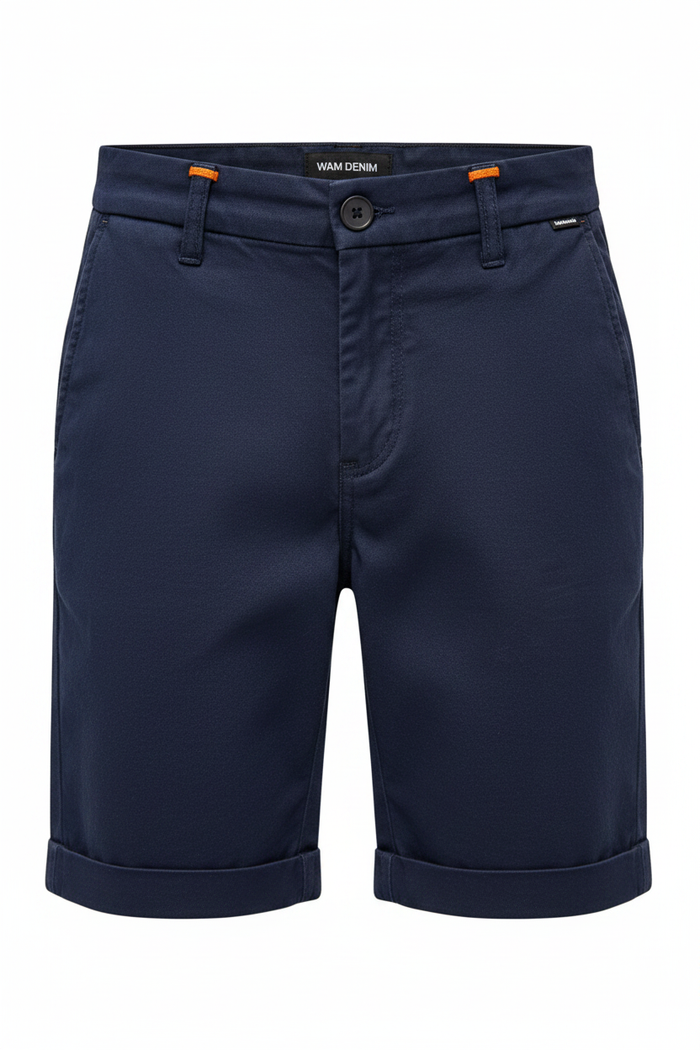 Wam Denim Kelden Navy Chino Shorts – waistband, belt loops and orange accent detail