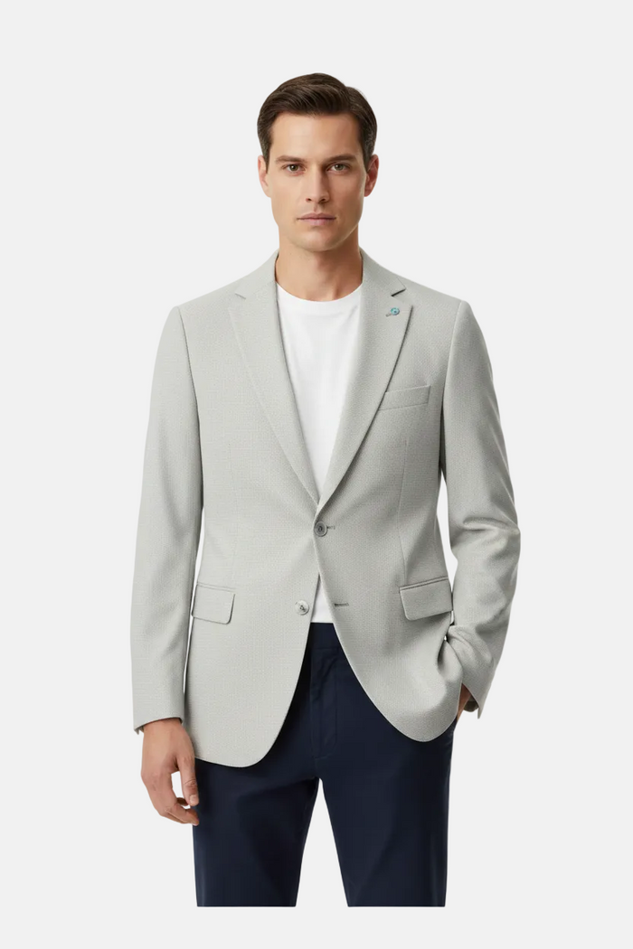 Front view - light grey micro-check blazer on model