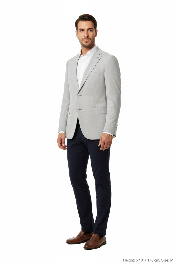 Front 3/4 angle - light grey micro-check blazer on model