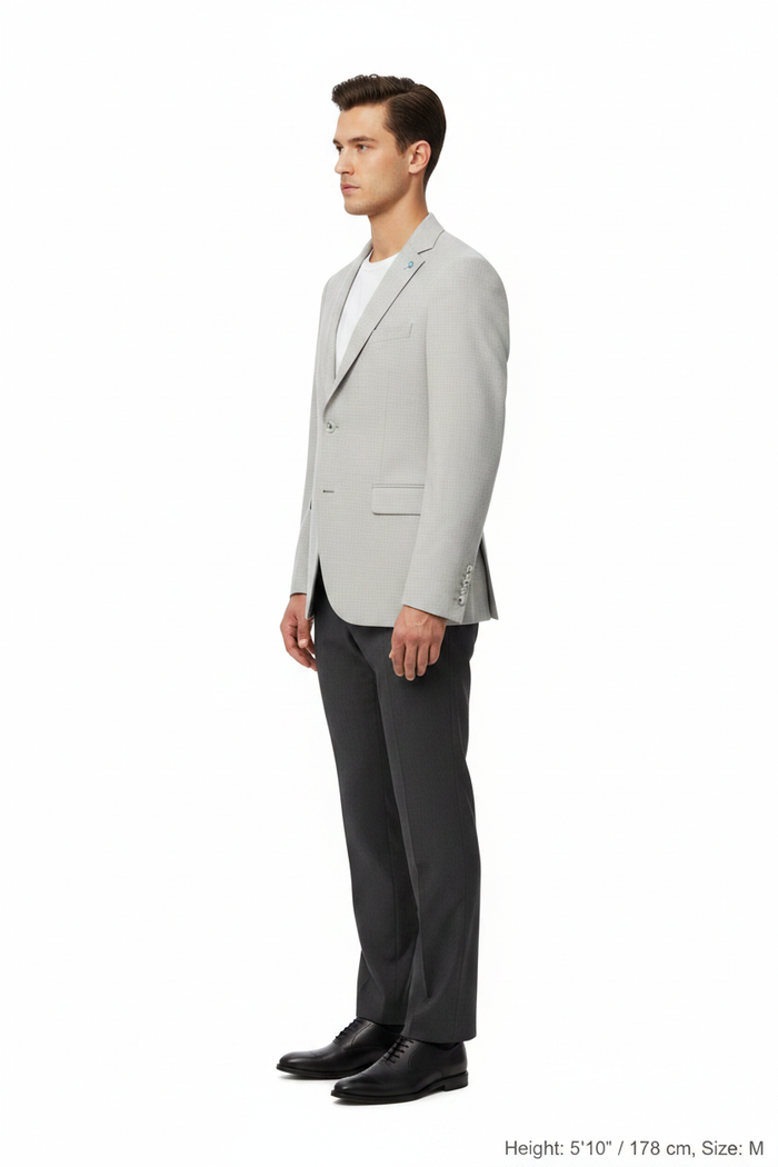 Side profile - light grey micro-check blazer on model