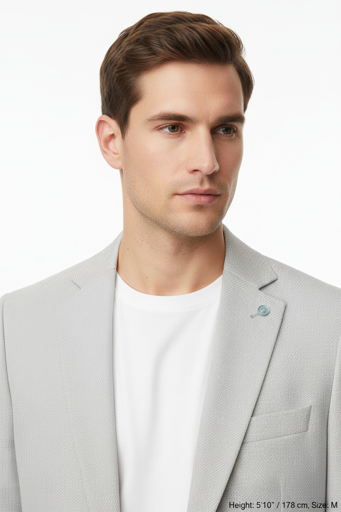 Lapel and chest detail - light grey micro-check blazer on model