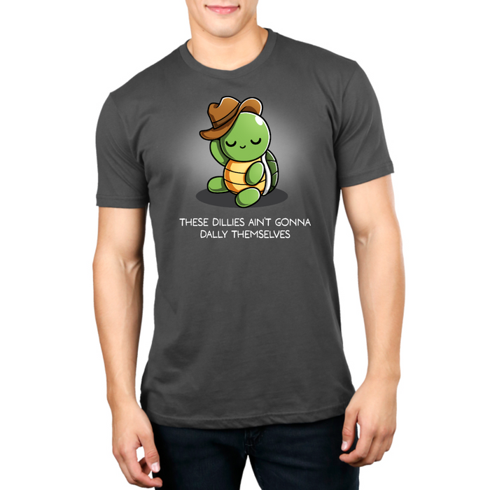 Premium Cotton T-shirt_TeeTurtle charcoal Dilly Dallyin' Premium Cotton T-shirt featuring a happy, chill turtle wearing a cowboy hat that they are tipping, with the caption "These dillies ain't gonna dally themselves"