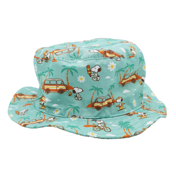 The Sassy Woof Dog Bucket Hat - Peanuts™ Road Tripping features a playful Snoopy, palm trees, surfboards, clouds, and orange vans print—perfect for giving your pup a fun, beach-themed look on their next adventure.