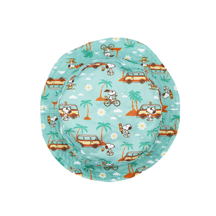 The Sassy Woof Dog Bucket Hat - Peanuts™ Road Tripping is a round, teal hat with Snoopy on a bicycle, palm trees, vintage cars, and daisies in a fun beach pattern—perfect for adventurous dogs on the go.