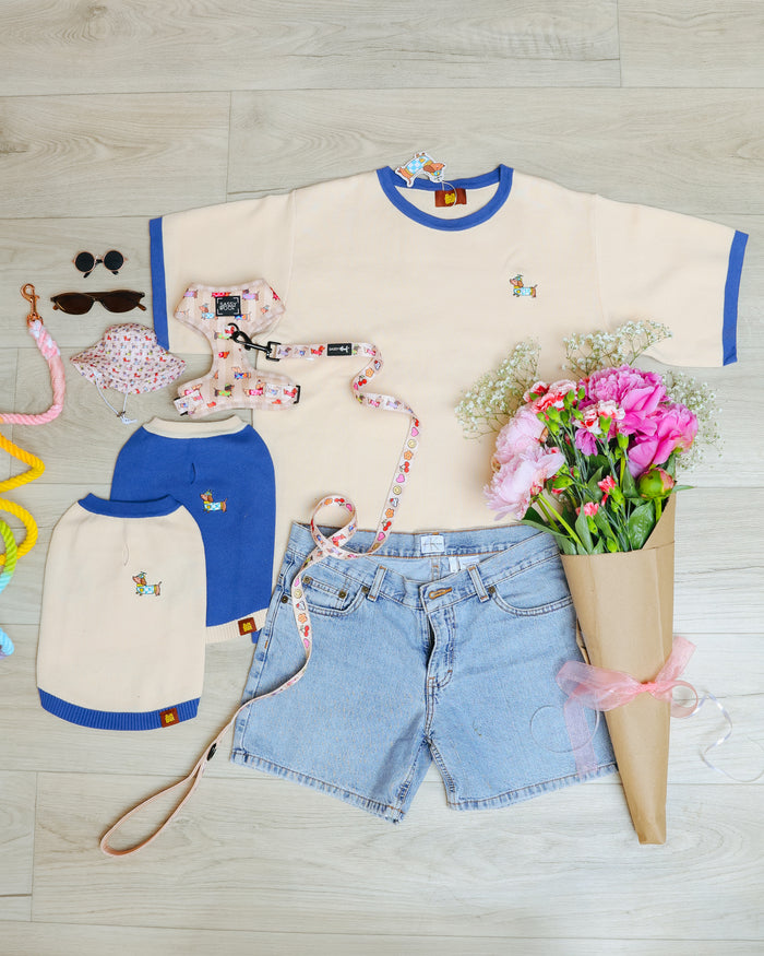 Flat lay of a t-shirt, denim shorts, matching dog shirts featuring a playful Doxie pattern, a leash, the Sassy Woof Dog Bucket Hat - Sunbean, pink flowers, sunglasses, hair ties, and a floral face mask arranged on a light wooden floor.