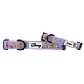 Two Sassy Woof purple dog collars, including the Alice in Wonderland design, are shown overlapping. Each adjustable collar features cartoon Disney princesses and characters, a black buckle, and a white Disney logo patch.