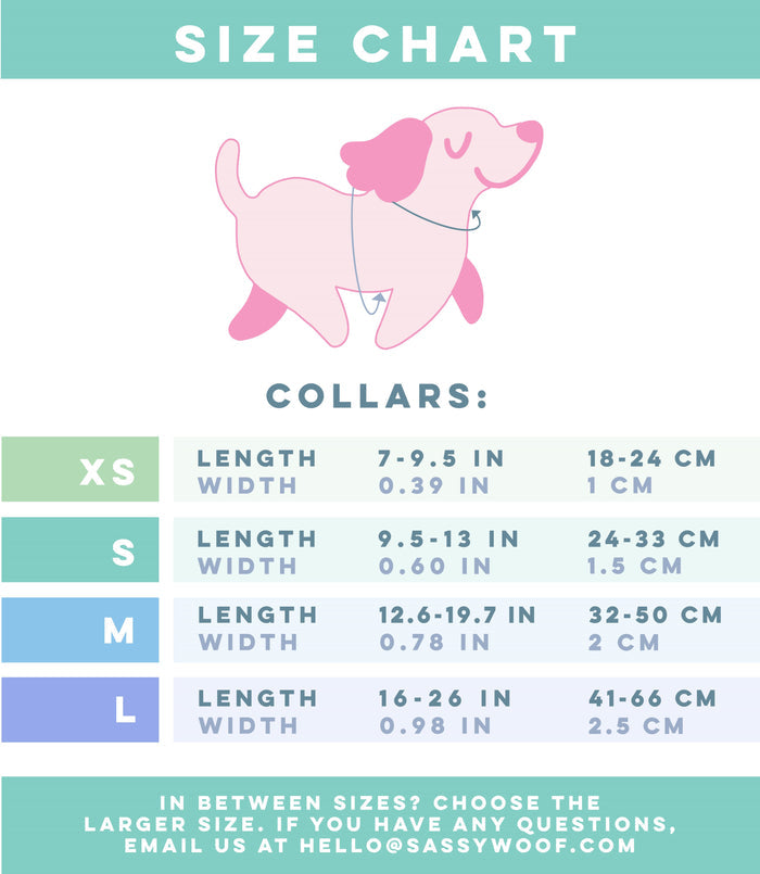 Sassy Woof’s Dog Collar - Love You Fur You size chart features a pink dog illustration, lists four sizes (XS, S, M, L) with neck lengths and collar widths, plus care instructions and Whitman-Walker Health contact info at the bottom.