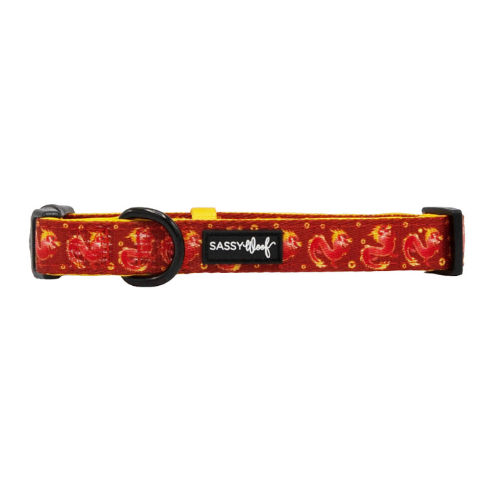 The Sassy Woof Dog Collar - Lucky Dragon is a red adjustable neoprene collar featuring a yellow dragon pattern, black plastic buckle and ring, and finished with the Sassy Woof label on the front.