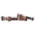 Two beige Sassy Woof "Dog Collar - National Bark" neoprene collars with camping-themed prints—tents, trees, lanterns, flowers—plus black buckles, D-rings, and brand label. Perfect outdoor dog accessories.