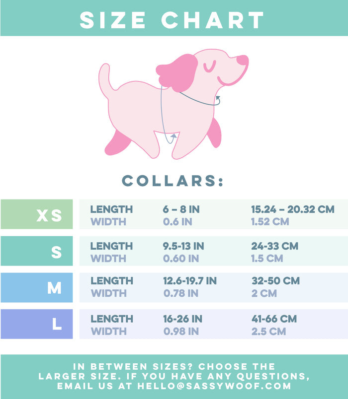 Size chart for the Sassy Woof Dog Collar Three Piece Bundle - SpongeBob SquarePants™ Bikini Bottom, featuring a pink dog illustration. Includes XS, S, M, and L collar sizes with length and width shown in both inches and centimeters. Perfect for pairing with matching SpongeBob pet accessories or coordinating with your new SpongeBob dog collar. For any questions, contact information is provided at the bottom.