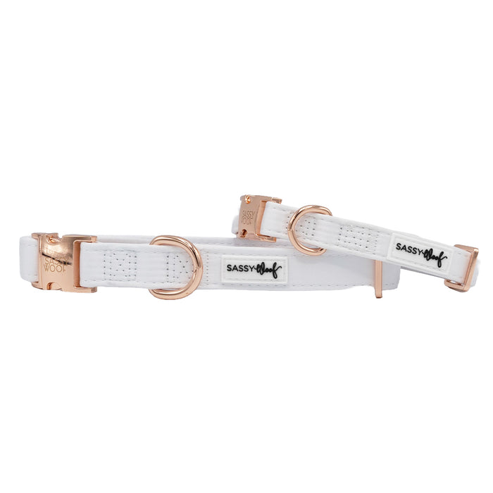 The Sassy Woof "Dog Collar - Pup of Honor" is a white satin, adjustable dog collar with matching leash, rose gold hardware, and Sassy Woof tags—an elegant wedding accessory for your pup, shown on a white background.