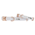 The Sassy Woof "Dog Collar - Pup of Honor" is a white satin, adjustable dog collar with matching leash, rose gold hardware, and Sassy Woof tags—an elegant wedding accessory for your pup, shown on a white background.