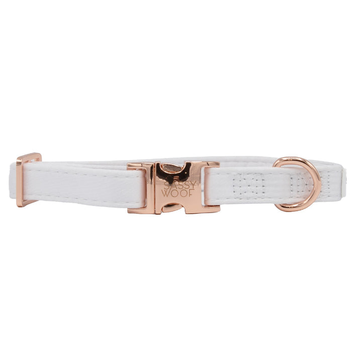 The Sassy Woof Dog Collar - Pup of Honor features a white satin finish with a gold buckle, making it an elegant, adjustable collar for weddings or any special occasion.