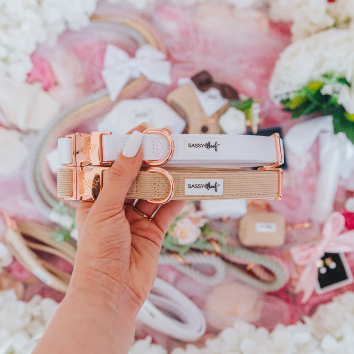 A hand with white-painted nails holds two Sassy Woof Dog Collar - Pup of Honor collars—one white and one beige, both with rose gold hardware—against a colorful floral background featuring pet accessories.