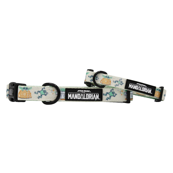 The Sassy Woof Dog Collar - STAR WARS™ The Child™ features cartoon Grogu on a light background, black buckles, a Mandalorian logo tag, and a sturdy leash attachment for secure walks.