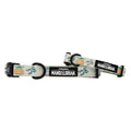 The Sassy Woof Dog Collar - STAR WARS™ The Child™ features cartoon Grogu on a light background, black buckles, a Mandalorian logo tag, and a sturdy leash attachment for secure walks.