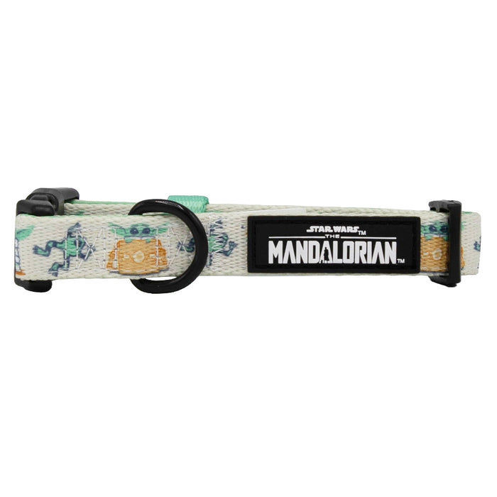 The Sassy Woof Dog Collar - STAR WARS™ The Child™ features a light design with small Mandalorian and Grogu prints, a Star Wars: The Mandalorian logo tag, adjustable fit, and secure leash attachment—designed for comfort.