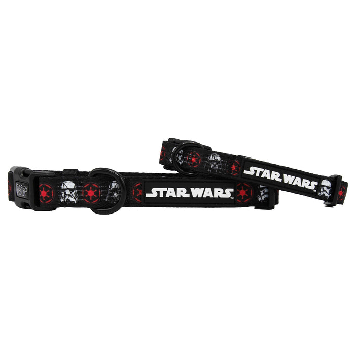 Set of two Sassy Woof Dog Collars – STAR WARS™ The Dark Side, in black with white logos, red and white Imperial symbols, and Darth Vader helmets. Each neoprene collar features a plastic buckle and sturdy D-ring for secure attachment.