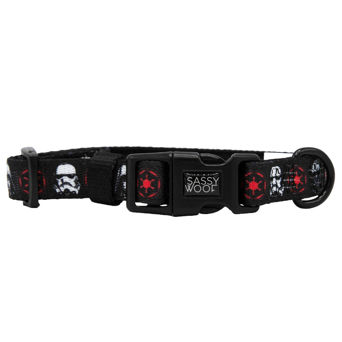 The Sassy Woof Dog Collar - STAR WARS™ The Dark Side is a black adjustable collar featuring white stormtrooper helmets, red Galactic Empire symbols, and a durable D-ring for leash attachment.
