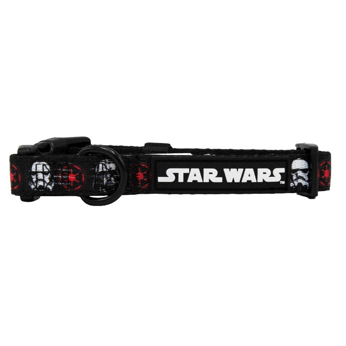 The Sassy Woof Dog Collar - STAR WARS™ The Dark Side is a black adjustable neoprene collar with Stormtrooper helmets, red Imperial symbols, the white STAR WARS logo, and a sturdy D-ring for leash attachment.