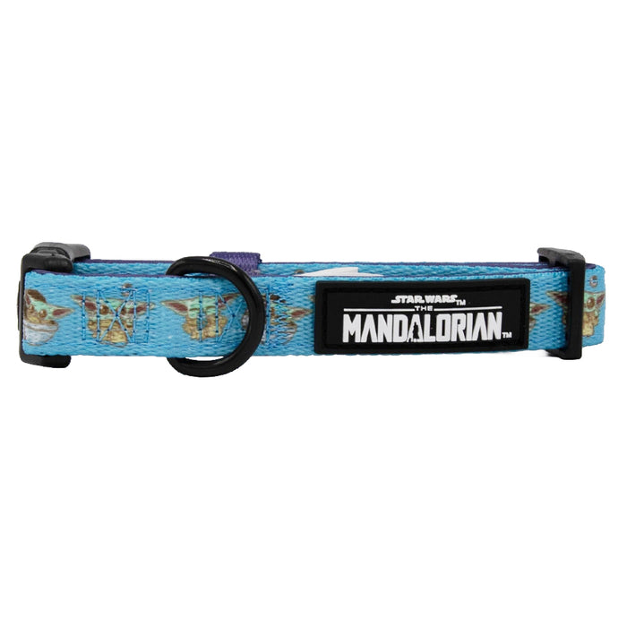 The Sassy Woof Dog Collar - STAR WARS™ The Mandalorian™ is blue, adjustable, with Grogu graphics, a black and white The Mandalorian logo patch, black plastic buckle, neoprene material, and a sturdy leash ring.