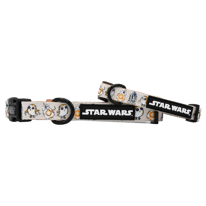 The Sassy Woof Dog Collar - STAR WARS™ The Rebel Alliance is a white adjustable neoprene collar featuring Star Wars logos, Porgs, and BB-8. It includes a black buckle, rectangular Star Wars tag, and sturdy leash attachment for walks.