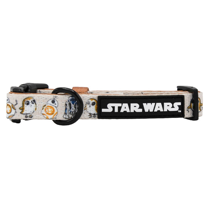 The Sassy Woof Dog Collar - STAR WARS™ The Rebel Alliance is a beige, adjustable collar with droids and characters, a black STAR WARS patch, durable black buckle, and sturdy leash attachment.